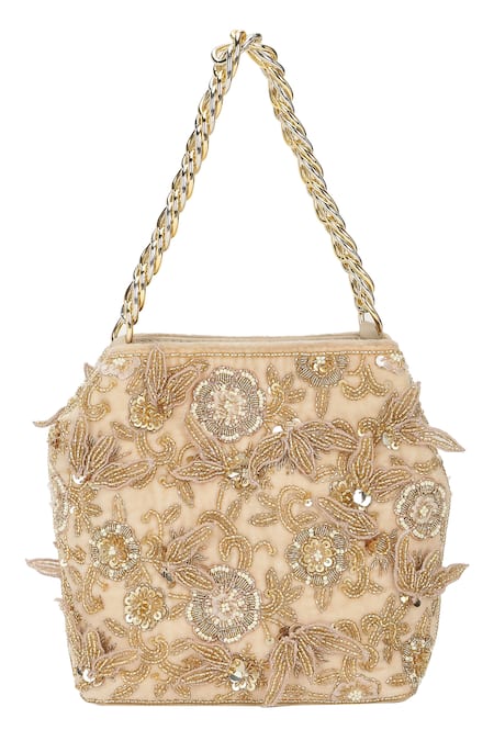 Shop_The Leather Garden_Gold Embroidery, Beads, Sequins Seher Floral Potli Bag 