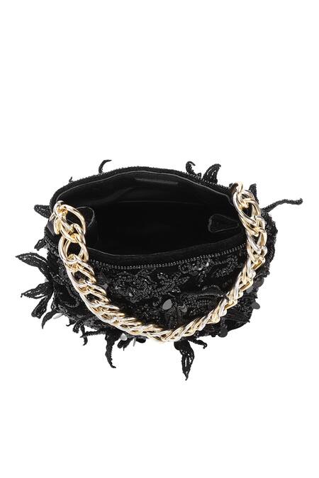 The Leather Garden_Black Embroidery, Beads, Sequins Seher Handcrafted Potli Bag _Online_at_Aza_Fashions