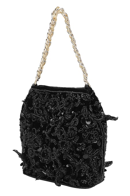 The Leather Garden_Black Embroidery, Beads, Sequins Seher Handcrafted Potli Bag _at_Aza_Fashions