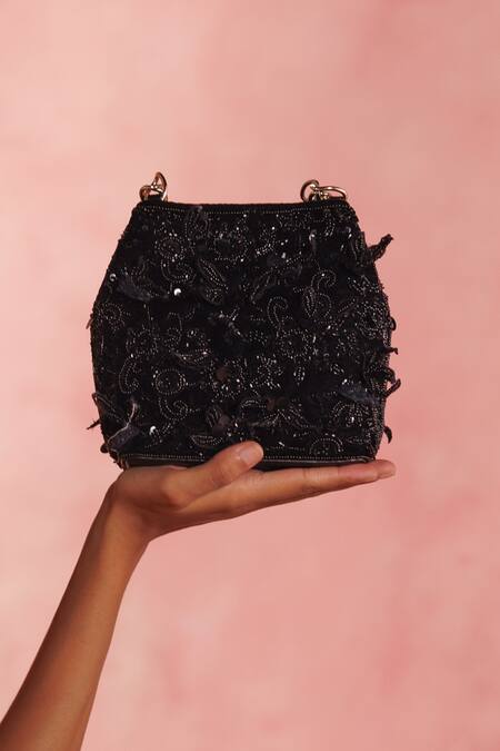 Buy_The Leather Garden_Black Embroidery, Beads, Sequins Seher Handcrafted Potli Bag 