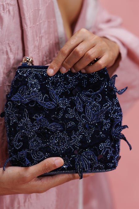 Shop_The Leather Garden_Blue Embroidery, Beads, Sequins Seher Potli Bag 