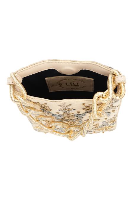 Shop_The Leather Garden_Ivory Embroidery, Metallic Thread, Beads Sukoon Bag _Online_at_Aza_Fashions