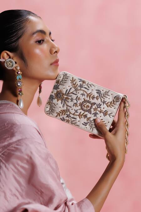 The Leather Garden_Ivory Embroidery, Metallic Thread, Beads Sukoon Bag _at_Aza_Fashions
