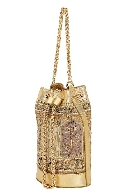 Buy_The Leather Garden_Gold Zari, Embroidery, Beads, Pearls Tara Potli 