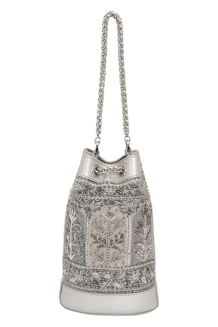 Buy_The Leather Garden_Silver Zari, Embroidery, Beads, Sequins Sitara Potli _Online_at_Aza_Fashions