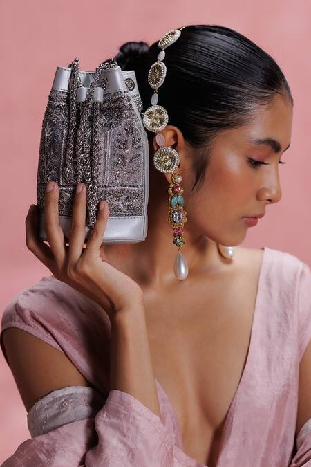 The Leather Garden_Silver Zari, Embroidery, Beads, Sequins Sitara Potli _at_Aza_Fashions