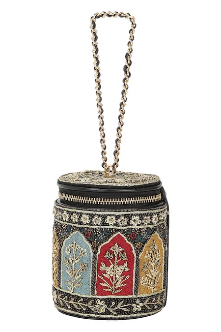 Shop_The Leather Garden_Multi Color Embroidery, Zari, Beads, Sequins Rooh Barrel Bag _Online_at_Aza_Fashions