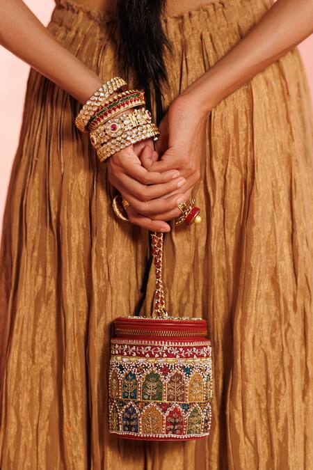The Leather Garden_Red Embroidery, Beads, Zari Raaz Barrel Bag _Online_at_Aza_Fashions
