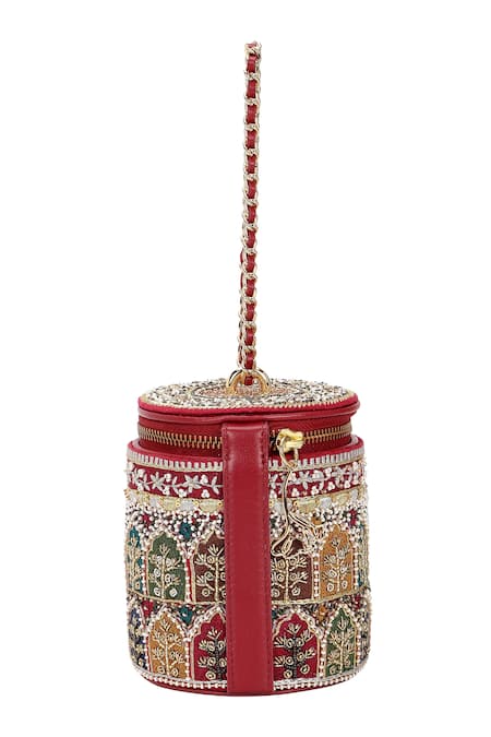 Buy_The Leather Garden_Red Embroidery, Beads, Zari Raaz Barrel Bag _Online_at_Aza_Fashions