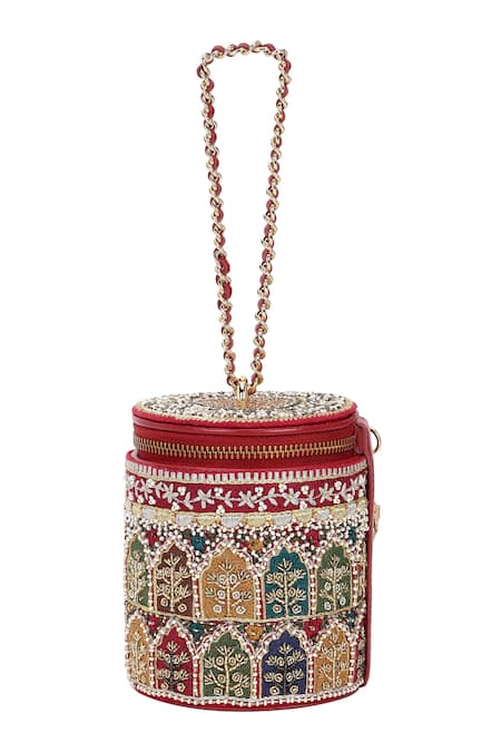 Shop_The Leather Garden_Red Embroidery, Beads, Zari Raaz Barrel Bag _Online_at_Aza_Fashions