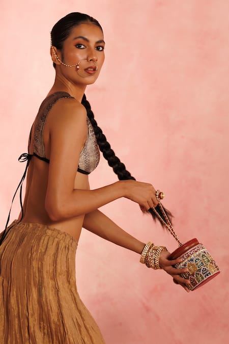 The Leather Garden_Red Embroidery, Beads, Zari Raaz Barrel Bag _at_Aza_Fashions