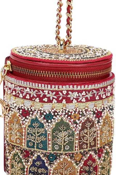 Buy_The Leather Garden_Red Embroidery, Beads, Zari Raaz Barrel Bag 