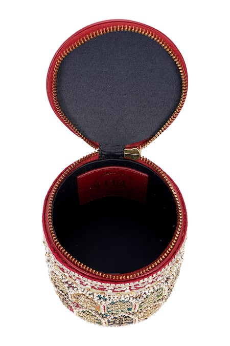 Shop_The Leather Garden_Red Embroidery, Beads, Zari Raaz Barrel Bag 