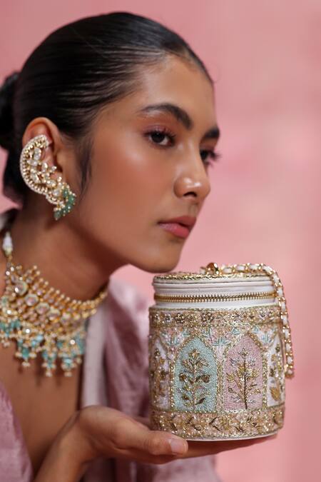 The Leather Garden_Ivory Embroidery, Zari, Beads Mehfil Barrel Bag _Online_at_Aza_Fashions