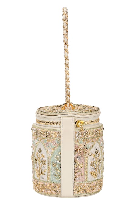 Buy_The Leather Garden_Ivory Embroidery, Zari, Beads Mehfil Barrel Bag _Online_at_Aza_Fashions