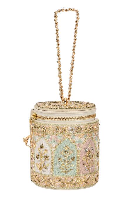 Shop_The Leather Garden_Ivory Embroidery, Zari, Beads Mehfil Barrel Bag _Online_at_Aza_Fashions