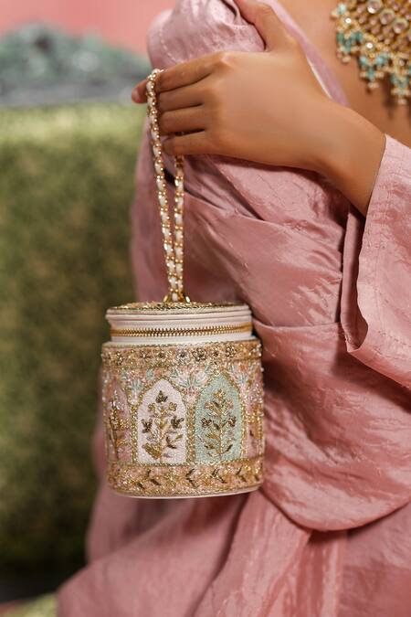 The Leather Garden_Ivory Embroidery, Zari, Beads Mehfil Barrel Bag _at_Aza_Fashions