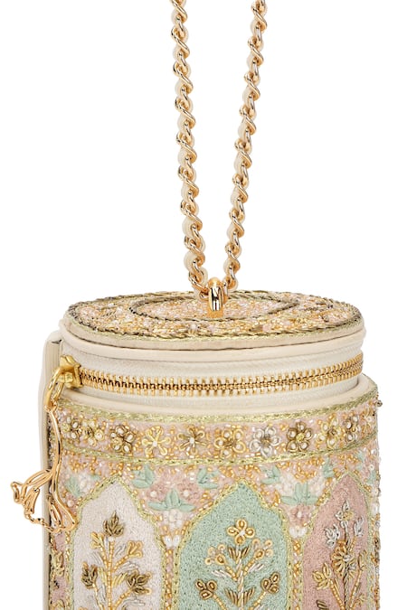 Shop_The Leather Garden_Ivory Embroidery, Zari, Beads Mehfil Barrel Bag 