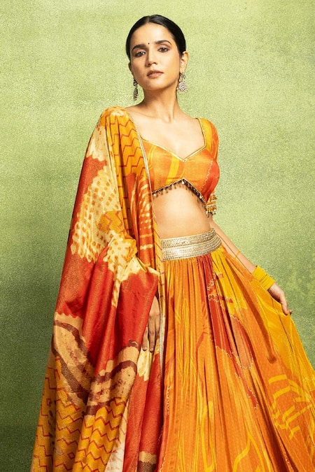 Vedika M_Orange Tissue, Silk Embroidery, Tassels, Floral Abstract Printed Lehenga Set _Online_at_Aza_Fashions