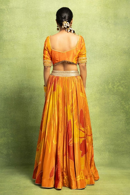 Buy_Vedika M_Orange Tissue, Silk Embroidery, Tassels, Floral Abstract Printed Lehenga Set _Online_at_Aza_Fashions