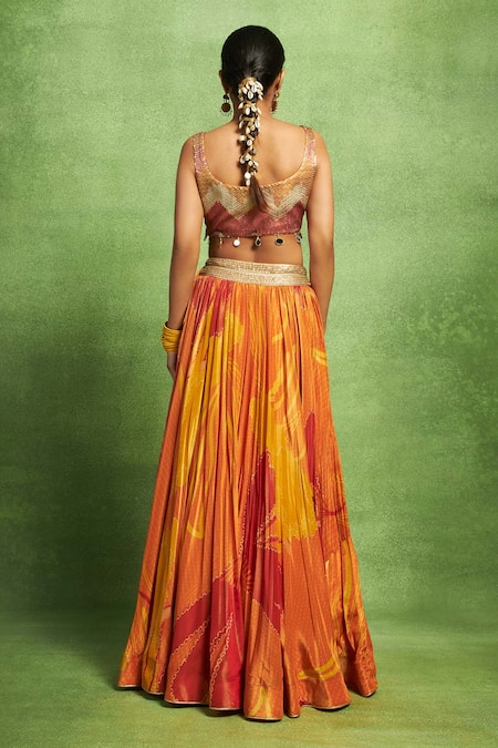 Shop Vedika M Orange Tissue, Silk Embroidery, Sequins, Floral Abstract Printed Lehenga Set at Aza Fashions Shop_Vedika M_Orange Tissue, Silk Embroidery, Sequins, Floral Abstract Printed Lehenga Set _at_Aza_Fashions