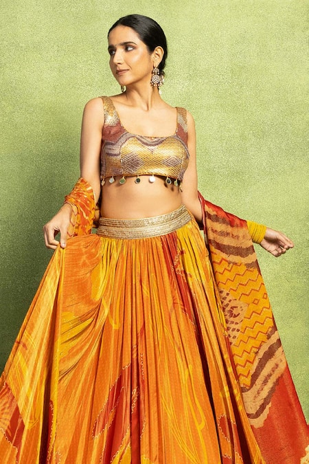 Vedika M Orange Tissue, Silk Embroidery, Sequins, Floral Abstract Printed Lehenga Set Online at Aza Fashions Vedika M_Orange Tissue, Silk Embroidery, Sequins, Floral Abstract Printed Lehenga Set _Online_at_Aza_Fashions