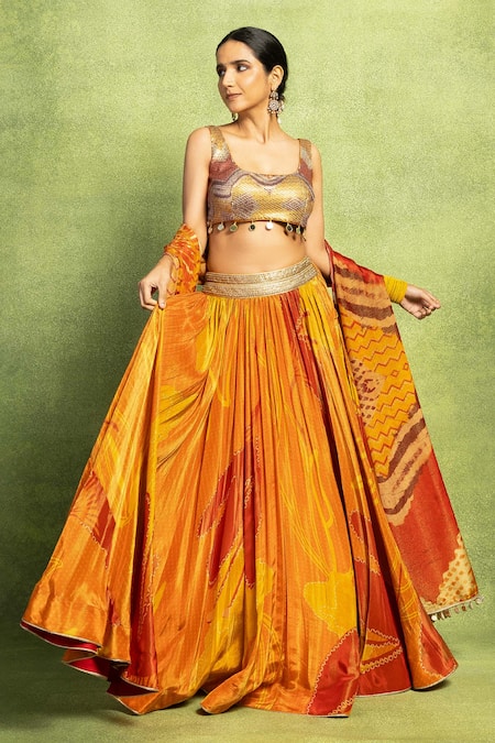Vedika M Orange Tissue, Silk Embroidery, Sequins, Floral Abstract Printed Lehenga Set  
