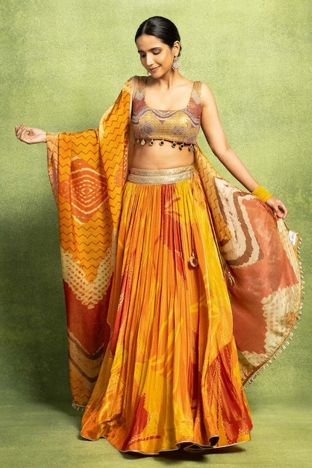 Shop Vedika M Orange Tissue, Silk Embroidery, Sequins, Floral Abstract Printed Lehenga Set Online at Aza Fashions Shop_Vedika M_Orange Tissue, Silk Embroidery, Sequins, Floral Abstract Printed Lehenga Set _Online_at_Aza_Fashions