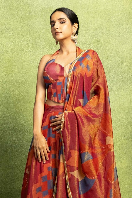 Vedika M Red Tissue Zari, Mirrors Halter Neck Abstract Print Lehenga Set Online at Aza Fashions Vedika M_Red Tissue Zari, Mirrors Halter Neck Abstract Print Lehenga Set _Online_at_Aza_Fashions