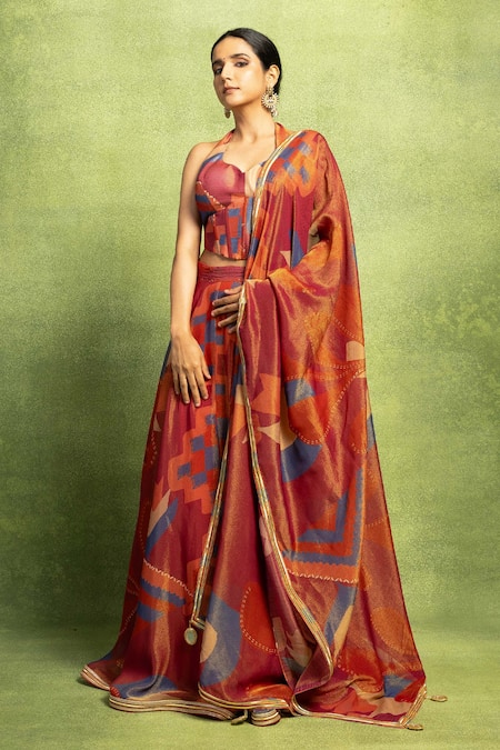 Vedika M Red Tissue Zari, Mirrors Halter Neck Abstract Print Lehenga Set  