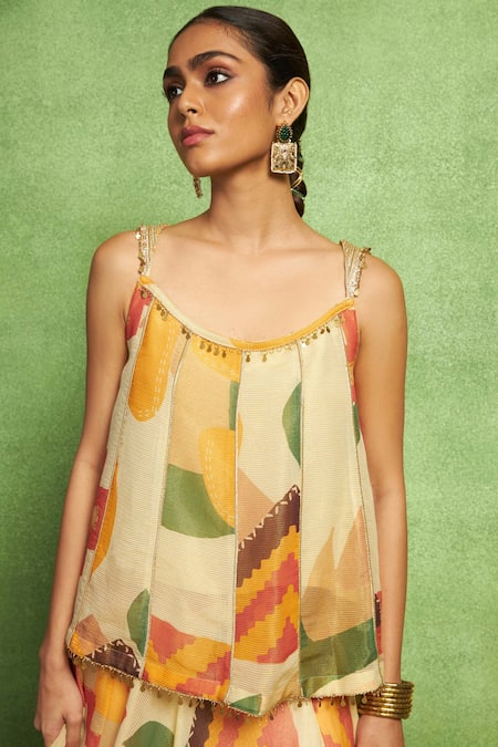 Vedika M_Multi Color Tissue Embroidery, Abstract Floral Printed Lehenga And Paneled Top Set _Online_at_Aza_Fashions