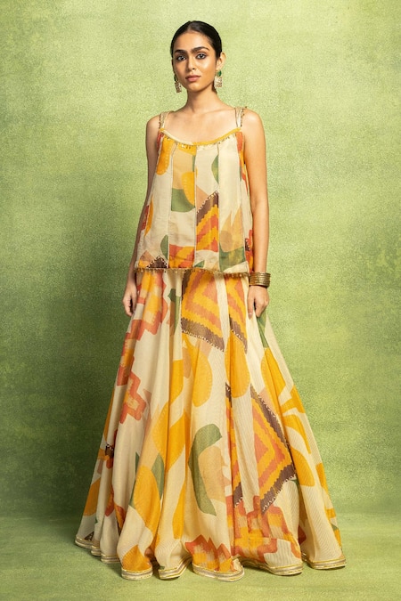 Vedika M Abstract Floral Printed Lehenga & Paneled Top Set 
