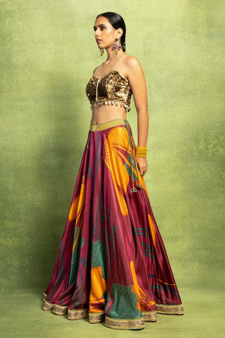 Shop Vedika M Purple Tissue, Satin, Silk Embroidery, Abstract Floral Printed Lehenga Set Online at Aza Fashions Shop_Vedika M_Purple Tissue, Satin, Silk Embroidery, Abstract Floral Printed Lehenga Set _Online_at_Aza_Fashions