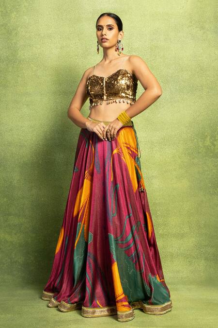 Vedika M Purple Tissue, Satin, Silk Embroidery, Abstract Floral Printed Lehenga Set at Aza Fashions Vedika M_Purple Tissue, Satin, Silk Embroidery, Abstract Floral Printed Lehenga Set _at_Aza_Fashions