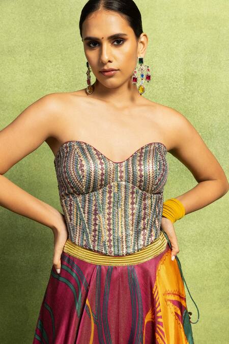 Vedika M_Red Tissue, Satin, Linen, Silk Embroidery, Abstract Floral Printed Lehenga Set _Online_at_Aza_Fashions