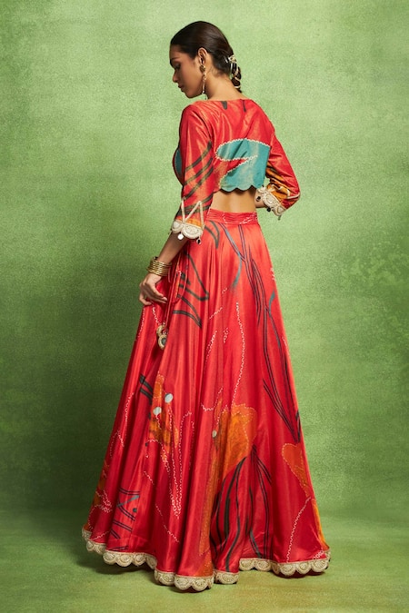 Shop Vedika M Red Satin, Tissue, Silk Embroidery, Lace, Abstract Floral Printed And Lehenga Set at Aza Fashions Shop_Vedika M_Red Satin, Tissue, Silk Embroidery, Lace, Abstract Floral Printed And Lehenga Set _at_Aza_Fashions