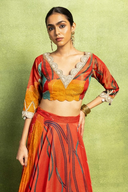 Vedika M Red Satin, Tissue, Silk Embroidery, Lace, Abstract Floral Printed And Lehenga Set Online at Aza Fashions Vedika M_Red Satin, Tissue, Silk Embroidery, Lace, Abstract Floral Printed And Lehenga Set _Online_at_Aza_Fashions