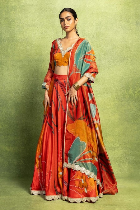 Vedika M Red Satin, Tissue, Silk Embroidery, Lace, Abstract Floral Printed And Lehenga Set 