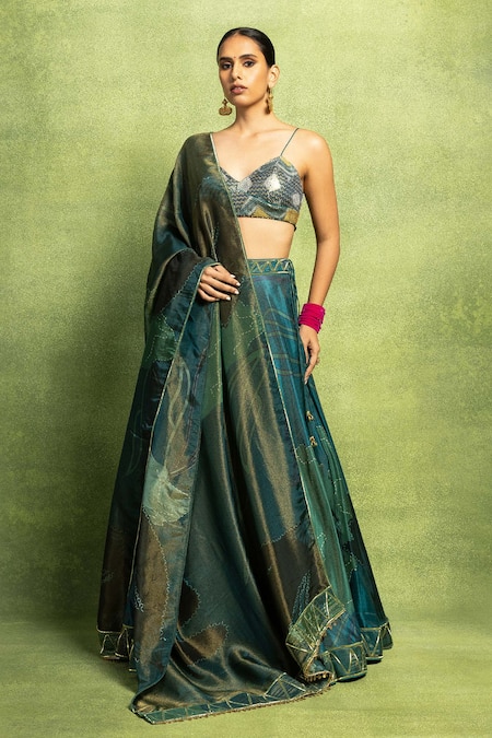 Buy_Vedika M_Green Tissue, Satin, Silk Mirrors, Sequins, Abstract Floral Print Lehenga Set  _Online_at_Aza_Fashions