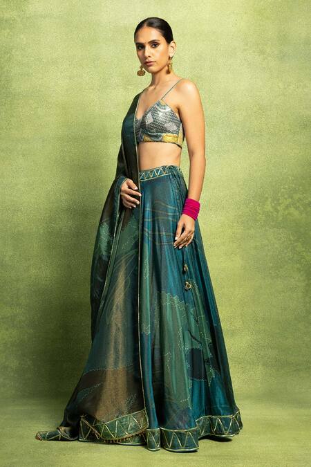 Shop_Vedika M_Green Tissue, Satin, Silk Mirrors, Sequins, Abstract Floral Print Lehenga Set  _Online_at_Aza_Fashions