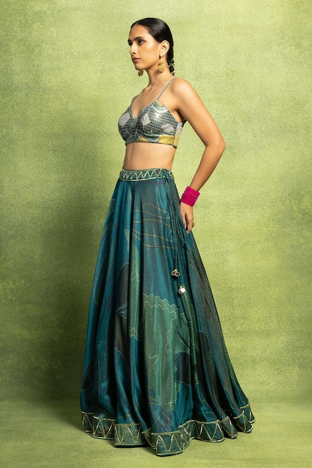 Buy_Vedika M_Green Tissue, Satin, Silk Mirrors, Sequins, Abstract Floral Print Lehenga Set  