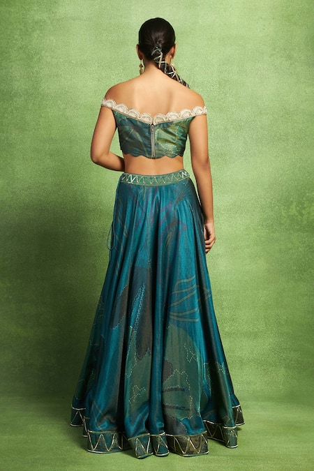 Shop_Vedika M_Green Tissue, Satin, Linen, Silk Mirrors, Embroidery, Off Hand Lehenga Set _at_Aza_Fashions