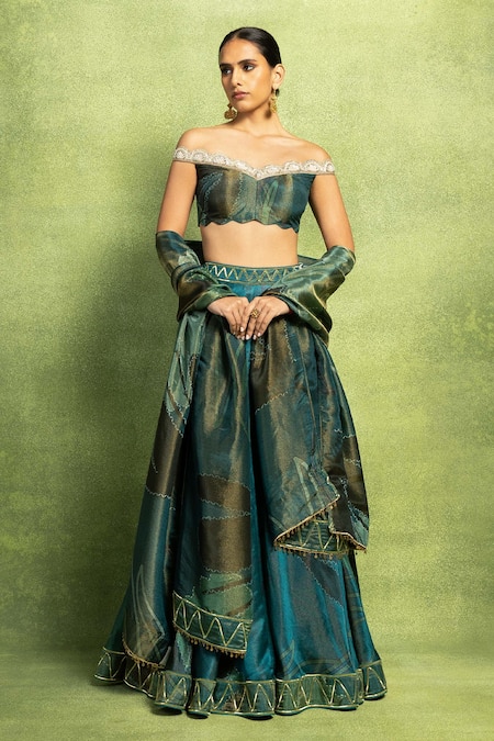 Vedika M Green Tissue, Satin, Linen, Silk Mirrors, Embroidery, Off Hand Lehenga Set 