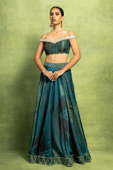 Vedika M_Green Tissue, Satin, Linen, Silk Mirrors, Embroidery, Off Hand Lehenga Set _Online_at_Aza_Fashions