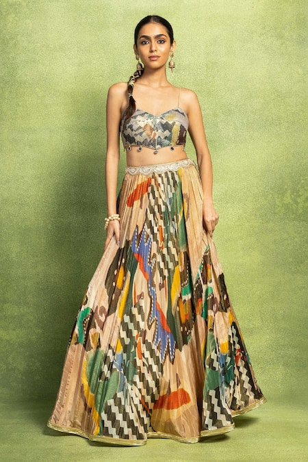 Shop_Vedika M_Beige Tissue, Silk Embroidery, Sequins, Abstract Print Gathered Lehenga Set _Online_at_Aza_Fashions