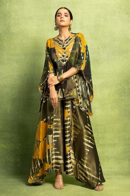 Vedika M Green Linen, Tissue, Silk Foil Abstract Kurta And Asymmetric Flared Pant Set 