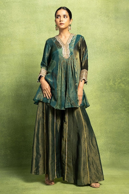 Vedika M Green Tissue Embroidery, Abstract Floral Printed Kurta And Flared Pant Set 