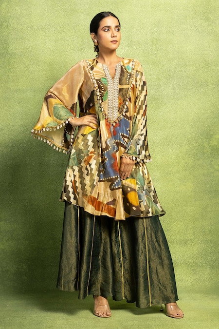 Vedika M Beige Tissue, Silk Embroidery, Stones, Abstract Print Flared Kurta And Pant Set 