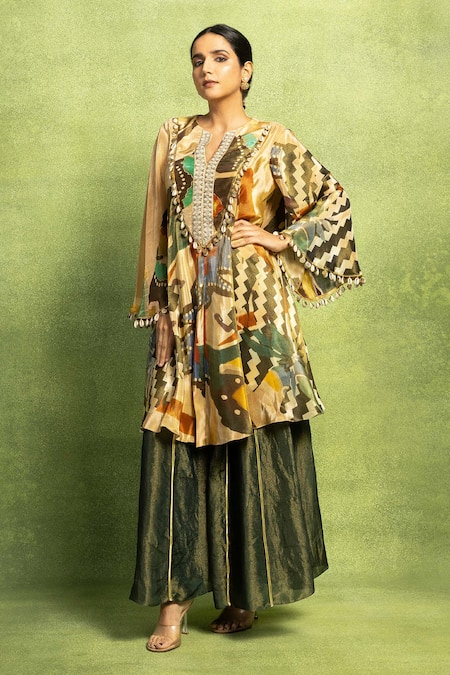 Buy Vedika M Beige Tissue, Silk Embroidery, Stones, Abstract Print Flared Kurta And Pant Set Online at Aza Fashions Buy_Vedika M_Beige Tissue, Silk Embroidery, Stones, Abstract Print Flared Kurta And Pant Set _Online_at_Aza_Fashions