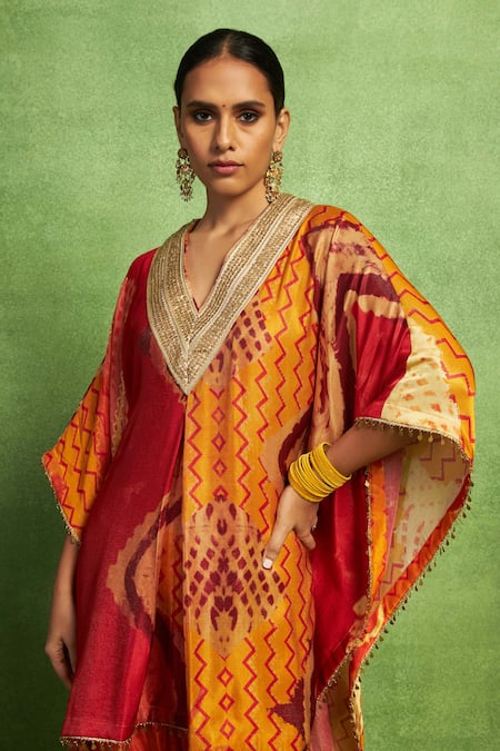 Vedika M_Orange Tissue, Satin, Linen, Silk Abstract Print Kaftan Top And Dhoti Pant Set _Online_at_Aza_Fashions